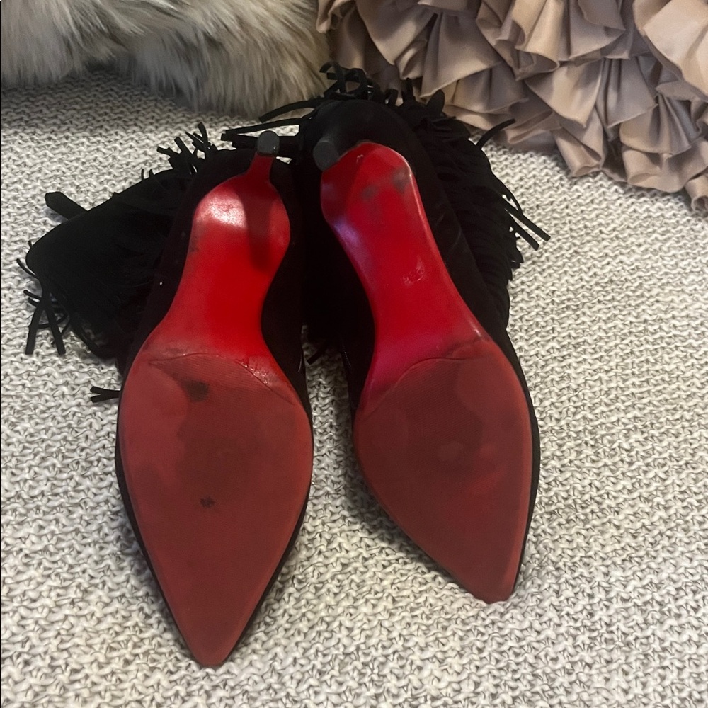 Black Suede Woman’s Pointed Toe Fringe Red Sole Stiletto Heel Ankle Booties - Picture 5 of 16